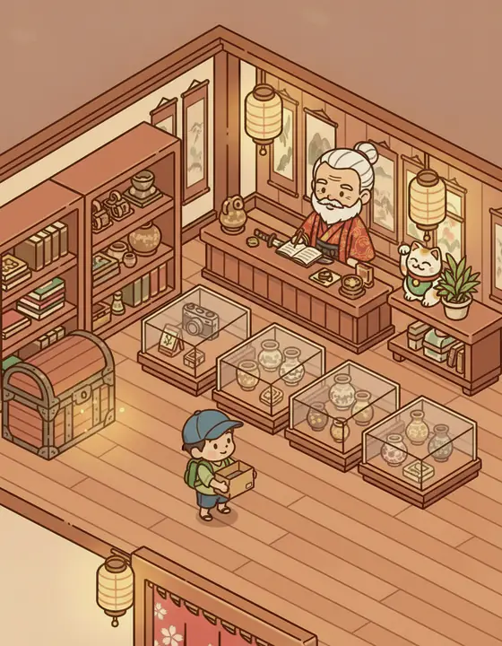 Gen‑san smiling at the counter while a boy in a cap brings in a cardboard box.