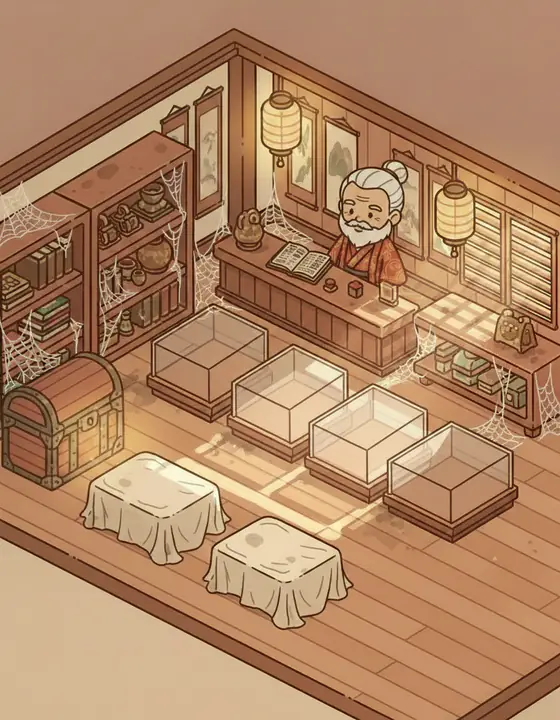 The dusty shop interior with empty glass cases and an open ledger on the counter.